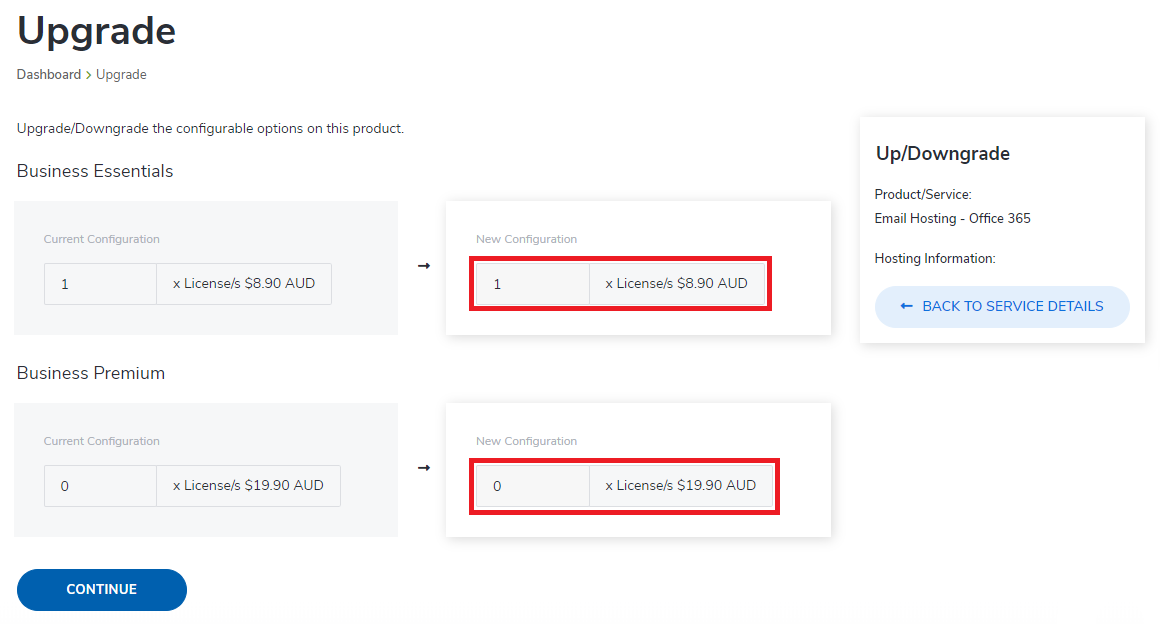 How to upgrade/downgrade your Office 365 hosting